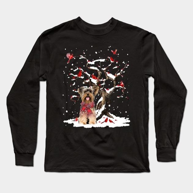 Yorkshire Terrier Scarf Cardinal Snow Christmas Long Sleeve T-Shirt by Benko Clarence